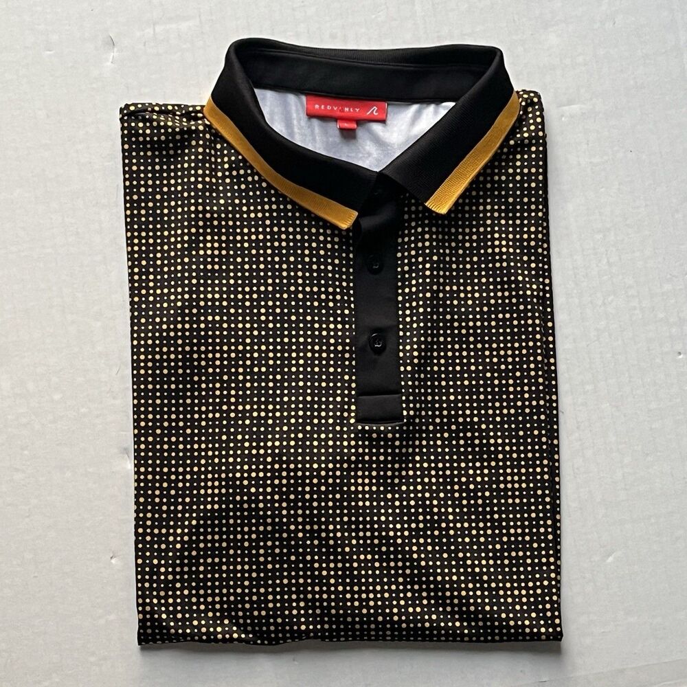 Redvanly Performance Golf Polo Shirt Mens L Black Yellow Dotted Stretch Preppy